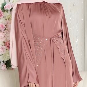 Beaded Tie Abaya Set- Nude Pink